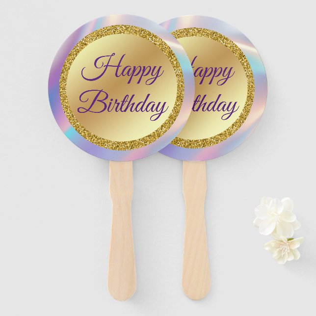 Éventail joyeux anniversaire, or violet holographique style (Devant et derrière)