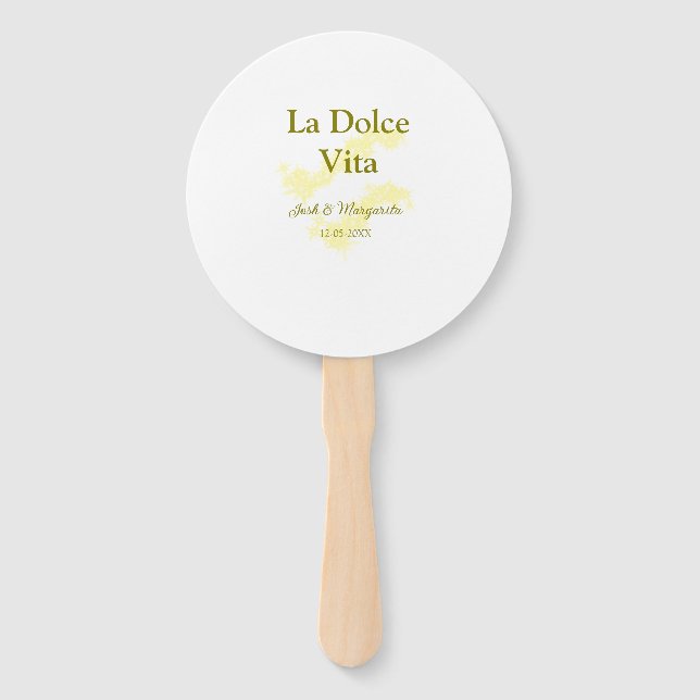 Éventail La Dolce Vita jaune mariage couple Nom date glit (Devant)