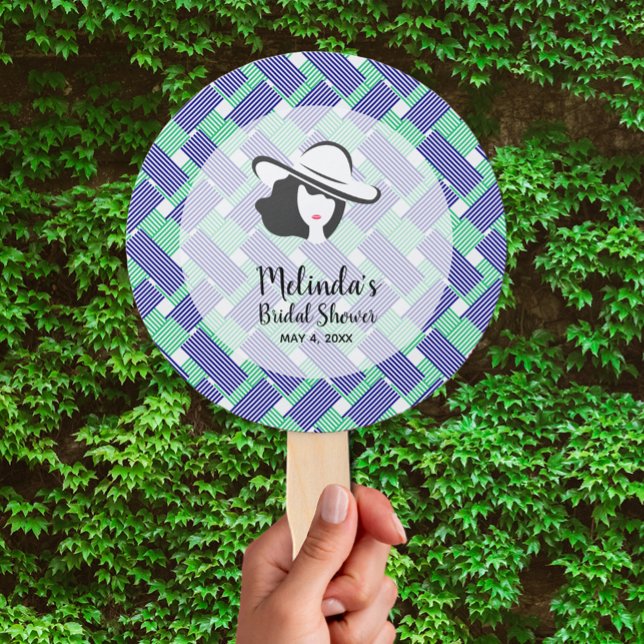 Éventail Lady Big Casquette sur Blue Stripes Derby (Lady in big hat on blue, green and white stripes Derby-themed bridal shower hand fans)