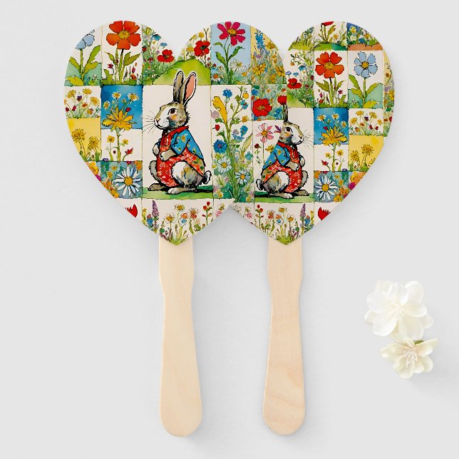 Éventail Lapin de Pâques Patchwork Floral (Devant et derrière)