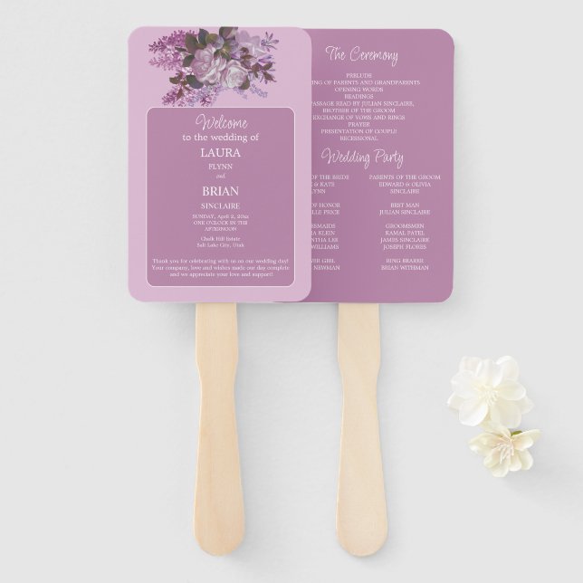 Éventail Lavande, Lilacs, Roses, Programme de mariage Venti (Devant et derrière)