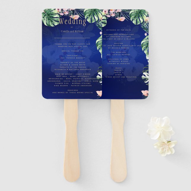 Éventail LeahG Mariage floral bleu vert tropical (Devant et derrière)