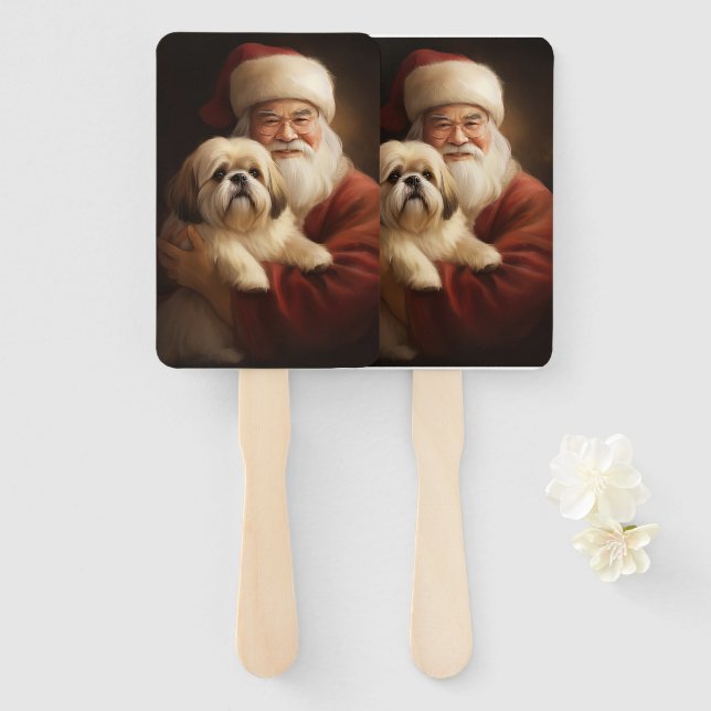 Éventail Lhasa Apso Avec Noël Festif Du Père Noël (Devant et derrière)