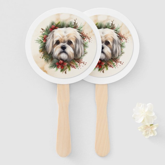 Éventail Lhasa Apso Christmas Wreath Festive Pup (Devant et derrière)
