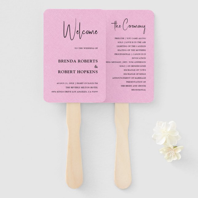 Éventail Linge rose Simple Script noir Mariage Ventilateur  (Devant et derrière)
