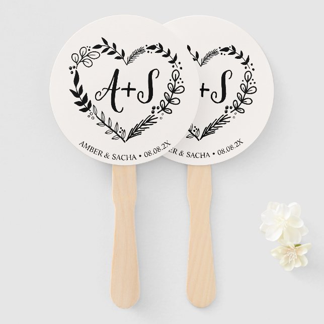 Éventail Logo Mariage Monogramme Personnalisé Avec Wreath (Devant et derrière)