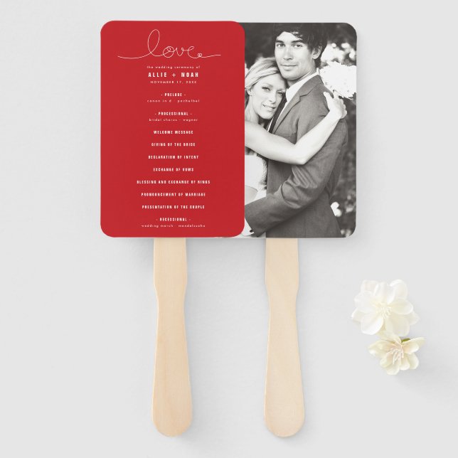 Éventail Loopy Love Lines Red Heart Photo Wedding Programme (Devant et derrière)
