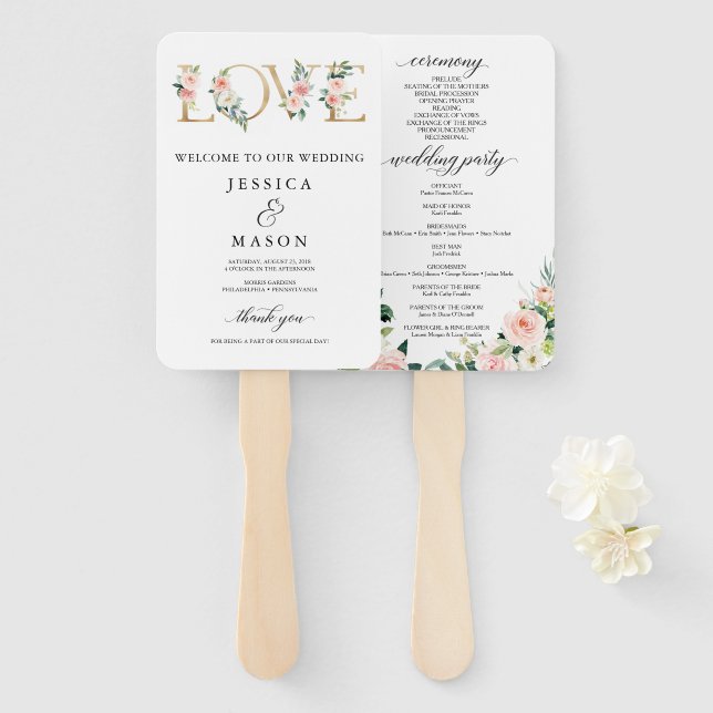 Éventail Love Blush Florals Programme de mariage Ventilateu (Devant et derrière)