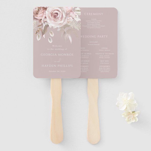 Éventail Luxe Blush Floral programme de mariage botanique f (Devant et derrière)