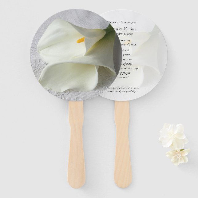 Éventail Lys calla blancs sur programme en lin  (Devant et derrière)