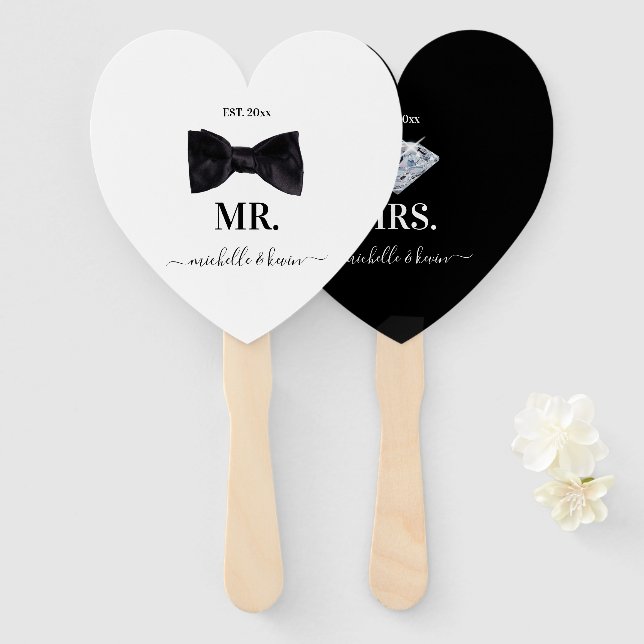 Éventail M. & Mme Mariage noir et blanc (Devant et derrière)