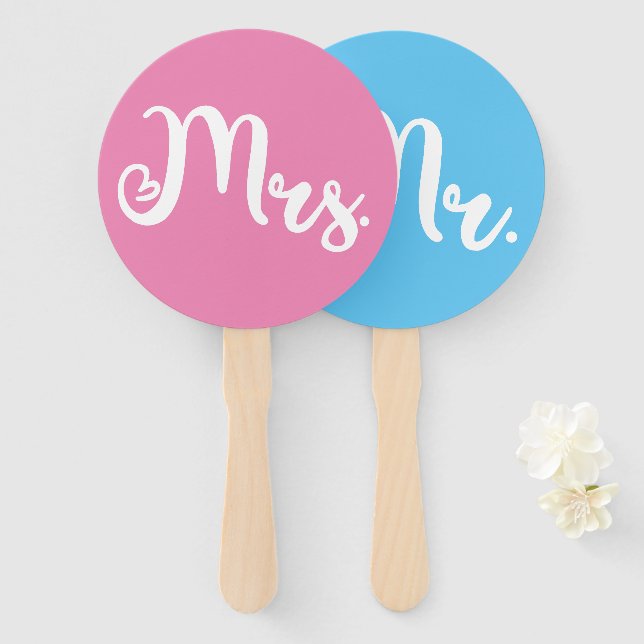 Éventail M. ou Mme Pink Blue Bride Groom Mariage Jeu (Devant et derrière)