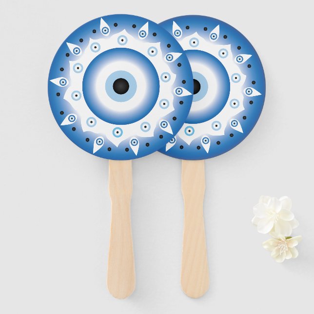 Éventail Mandala Grec Mal Oeil Bleu Blanc (Devant et derrière)