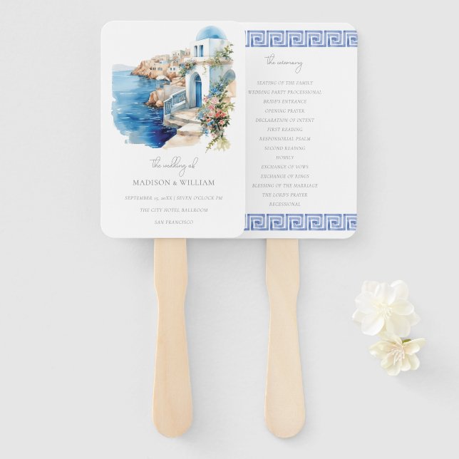 Éventail Mariage aquarelle personnalisé Grèce Santorin (Devant et derrière)