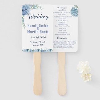 Éventail Mariage aquarelle romantique aux hortensias bleus 