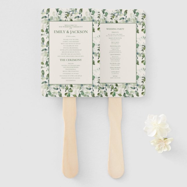 Éventail Mariage aux feuilles d'eucalyptus vert sauge (Devant et derrière)