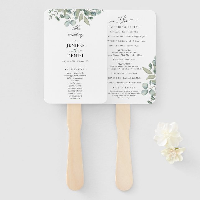 Éventail Mariage avec verdure d'eucalyptus (Devant et derrière)