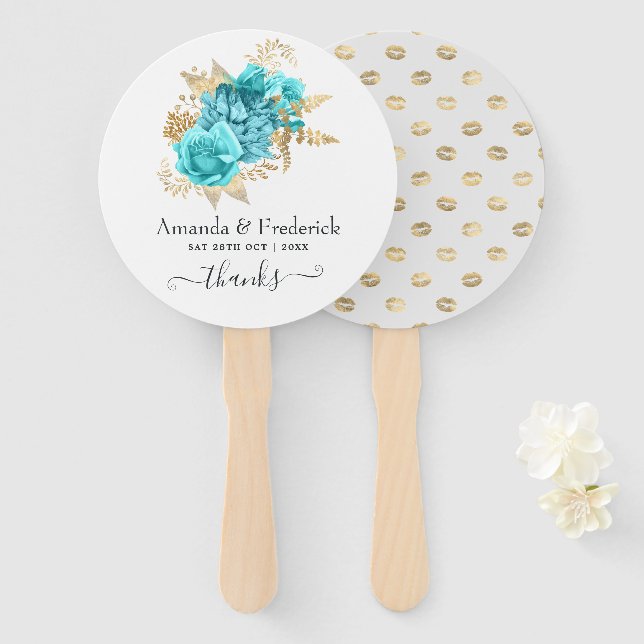 Éventail Mariage bleu Aqua et or Floral (Devant et derrière)