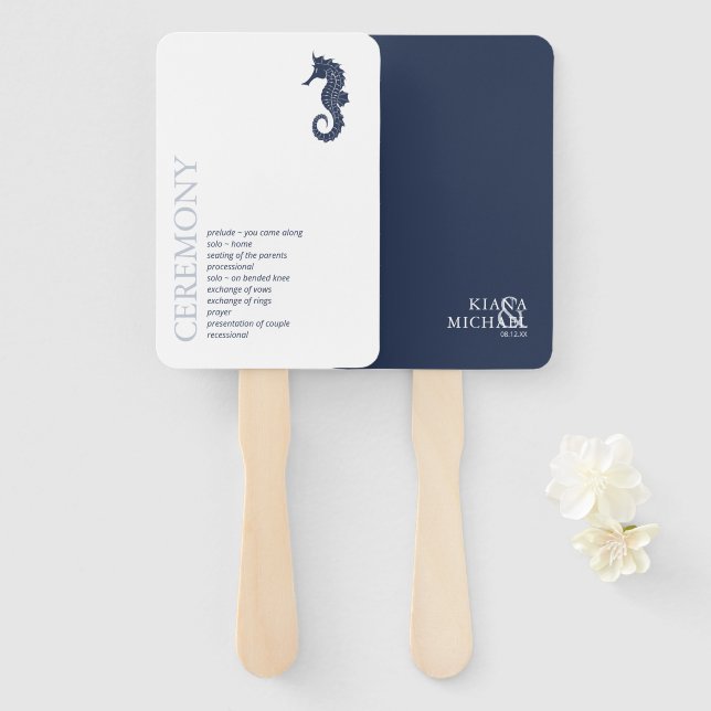 Éventail Mariage Blue Wave Seahorse ID836 (Devant et derrière)