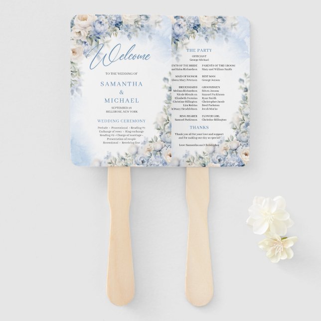 Éventail Mariage Boho Elegant Dusty Blue et Fleurs d'ivoire (Devant et derrière)