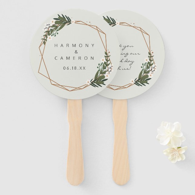 Éventail Mariage Boho moderne or géométrique verdure (Devant et derrière)