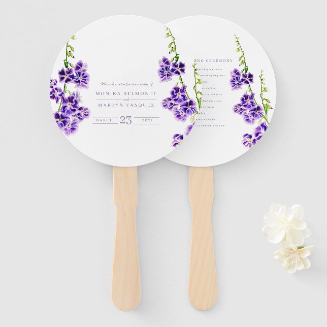 Éventail Mariage botanique de l'aquarelle violette (Devant et derrière)