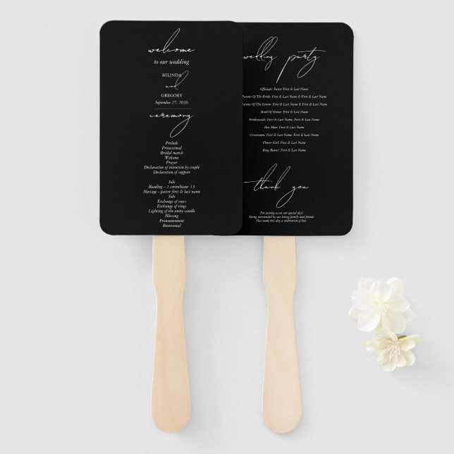 Éventail Mariage calligraphié en noir et blanc (Devant et derrière)
