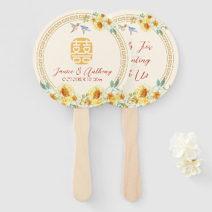 Éventail Mariage chinois cadre jaune oiseau fleuri élégant