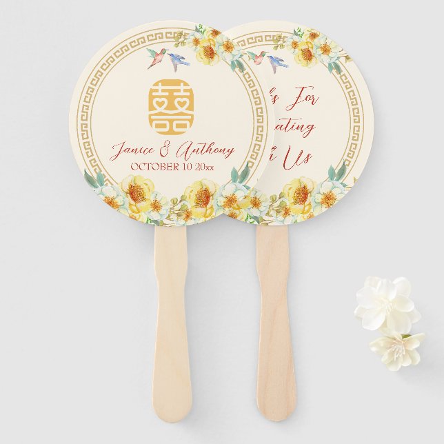 Éventail Mariage chinois cadre jaune oiseau fleuri élégant (Devant et derrière)