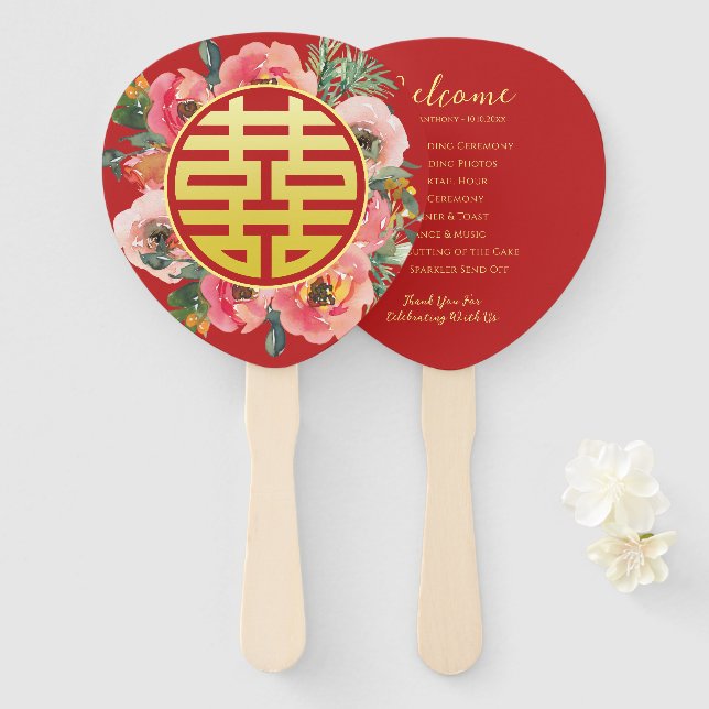 Éventail Mariage chinois moderne rose fleuri (Devant et derrière)