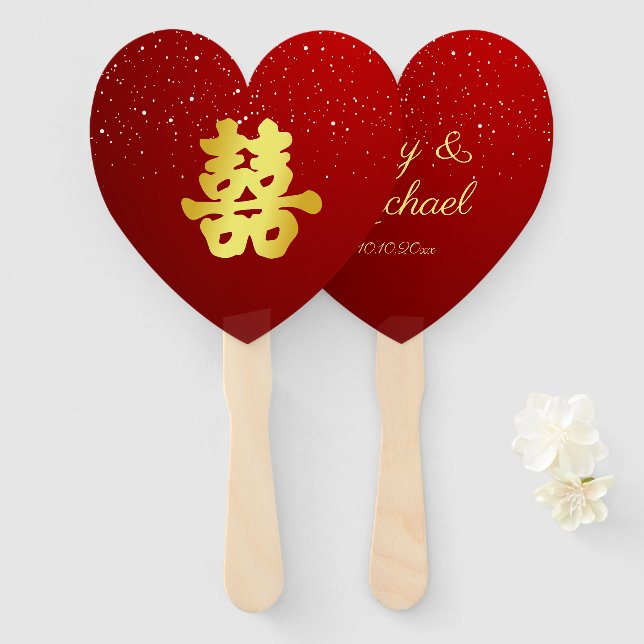 Éventail Mariage chinois rouge flocon de neige double bonhe (Devant et derrière)