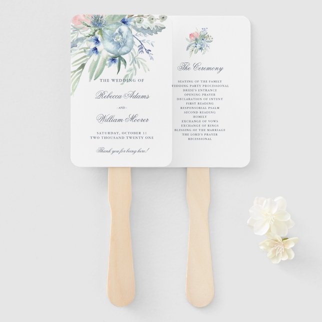 Éventail Mariage d'aquarelle bleu et rose Peony (Devant et derrière)