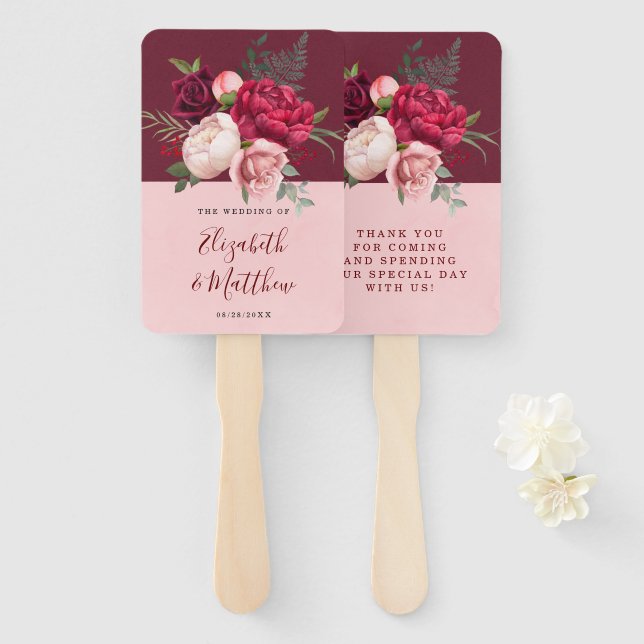 Éventail Mariage de bouquet floral rose bordeaux et bleu (Devant et derrière)