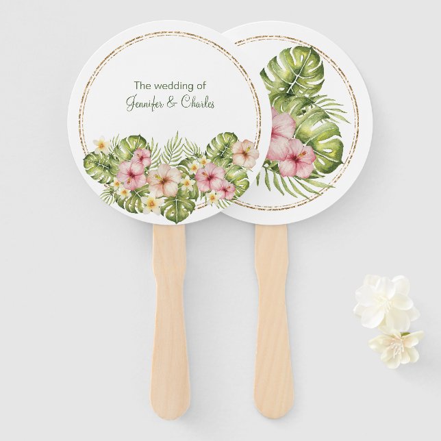 Éventail Mariage de fleurs hawaïennes tropicales (Devant et derrière)