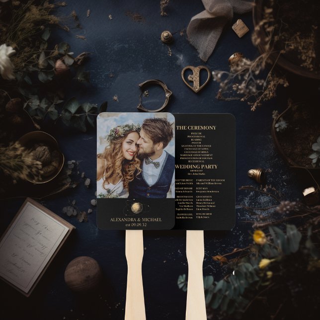 Éventail Mariage de galaxie céleste d'or noir mystique (Créateur téléchargé)
