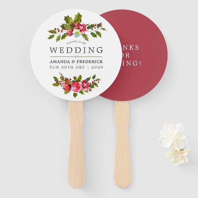 Éventail Mariage de Noël Floral Holly Aquarelle Favoriser (Devant et derrière)