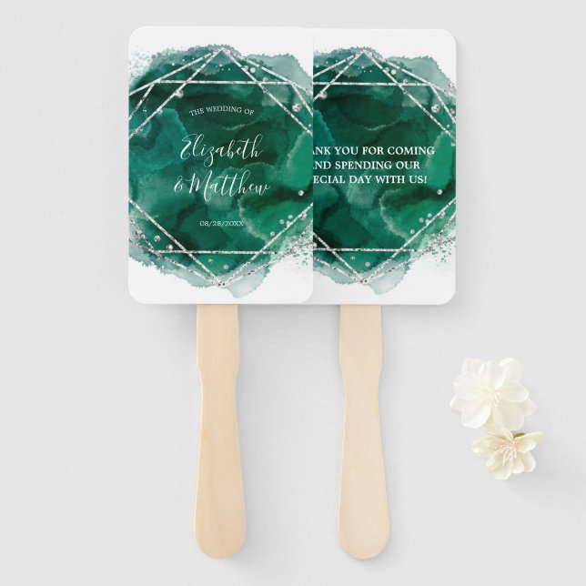 Éventail Mariage de Parties scintillant géométrique Emerald (Devant et derrière)