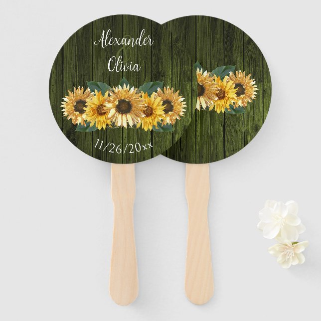 Éventail Mariage de tournesol vert rustique Favoriser le ve (Devant et derrière)