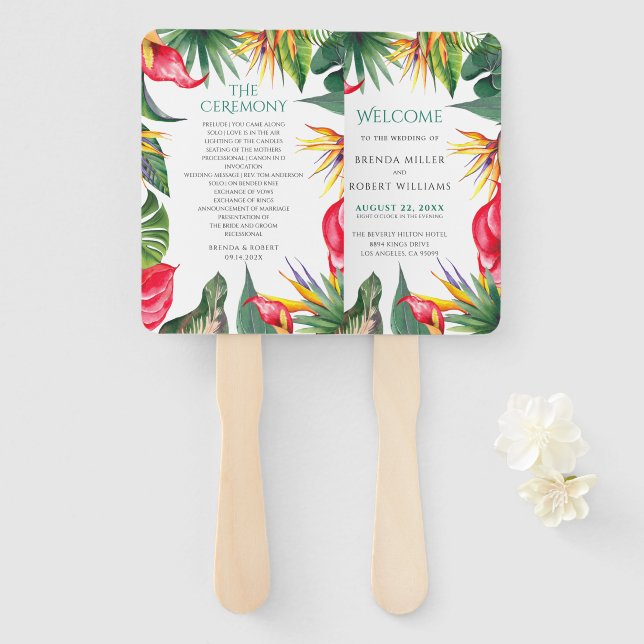 Éventail Mariage des oasis de fleurs tropicales (Devant et derrière)
