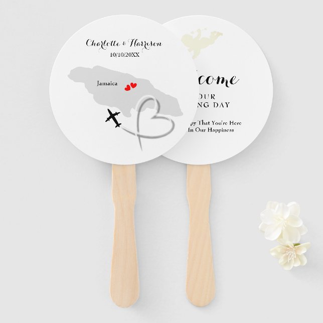 Éventail Mariage Destination Jamaïque Hand Fan (Devant et derrière)