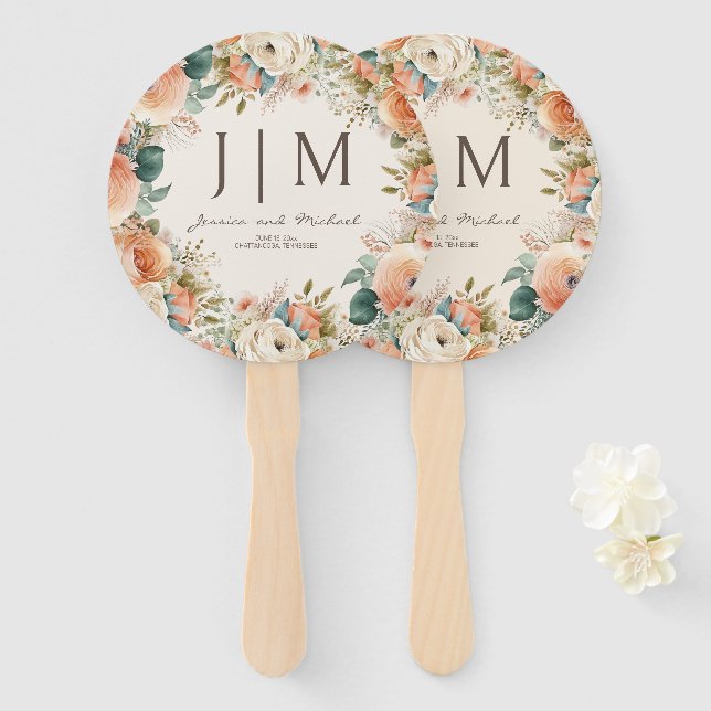 Éventail Mariage d'Eucalyptus Floral de Crème de Pêche (Devant et derrière)