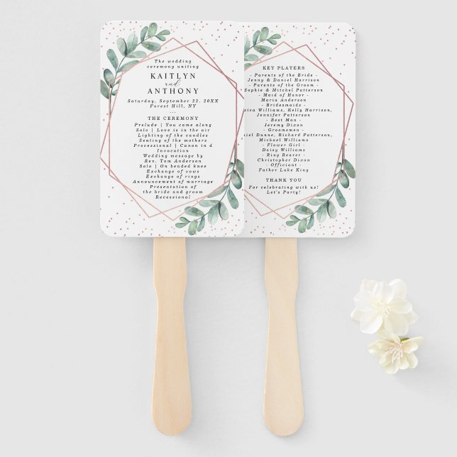 Éventail Mariage d'huile d'or Eucalyptus Rose géométrique (Devant et derrière)