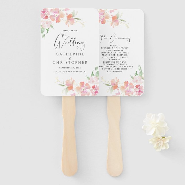 Éventail Mariage du programme de cérémonie | Floral rose et (Devant et derrière)