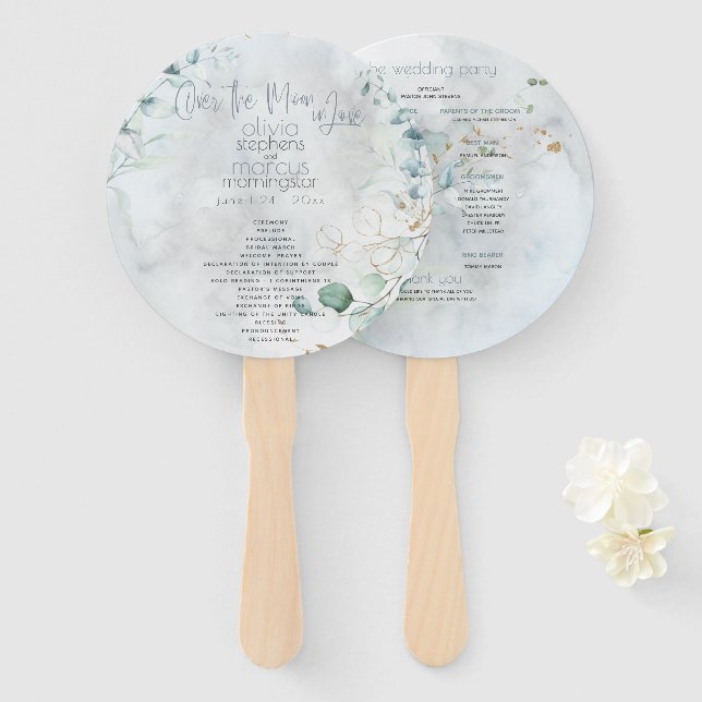 Éventail Mariage | Dusty Blue Over the Moon in Love (Devant et derrière)