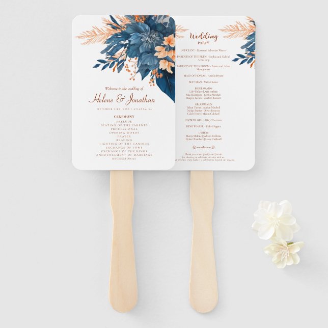 Éventail Mariage élégant, moderne, floral, Indigo Rust Boho (Devant et derrière)