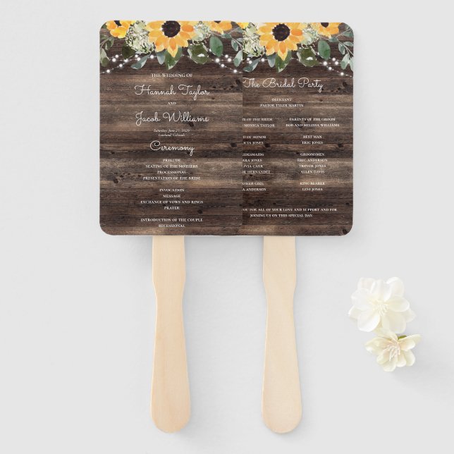 Éventail Mariage en bois de tournesol rustique Eucalyptus (Devant et derrière)