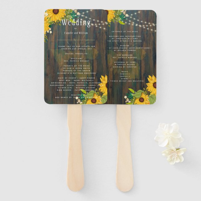 Éventail Mariage en bois rustique des tournesols d'été (Devant et derrière)