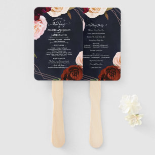 Éventail Mariage Fleur Rustique Moderne Bleu Foncé & Or Ros