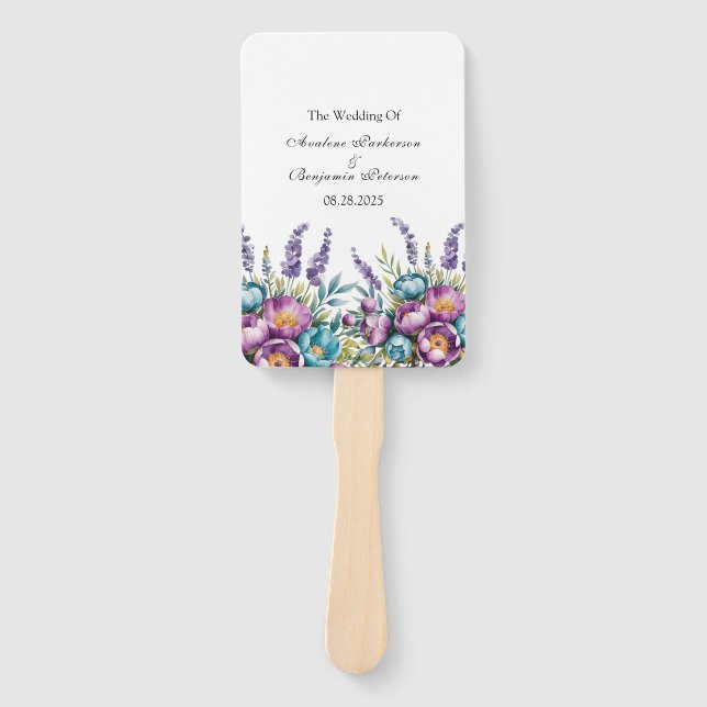 Éventail Mariage Fleur sauvage turquoise et violette (Devant)