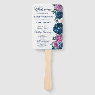 Éventail Mariage Fleurs d'été Bleu et Violet Aquarelle